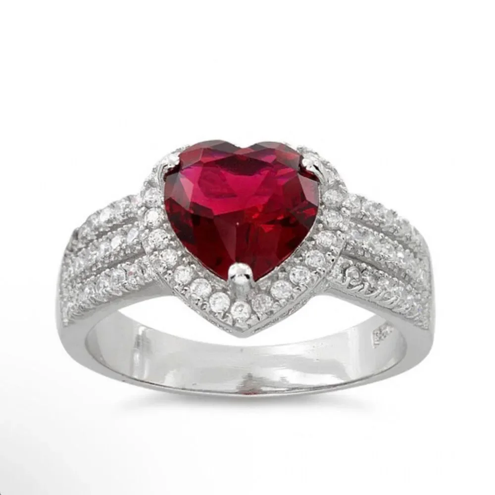 925 Sterling Silver Red Ruby Heart Ring CZ Halo Triple Band Wedding Promise Ring